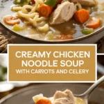 Creamy chicken noodle soup with carrots and celery