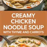 Creamy chicken noodle soup with thyme and carrots