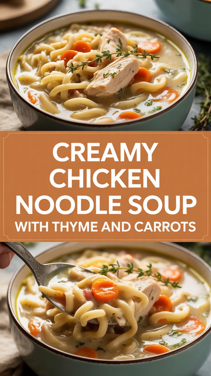 Creamy chicken noodle soup with thyme and carrots