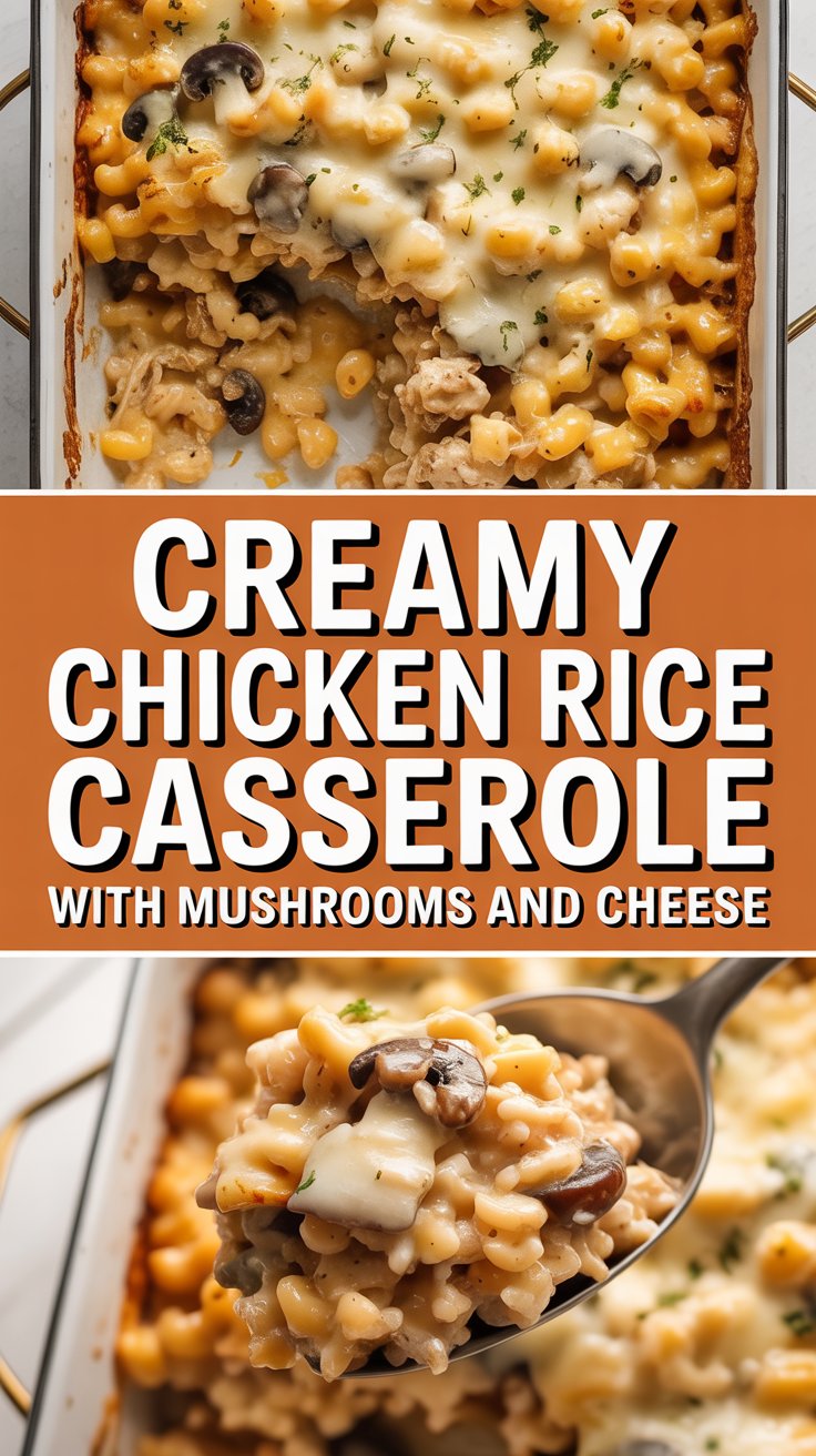 Creamy chicken rice casserole with mushrooms and cheese