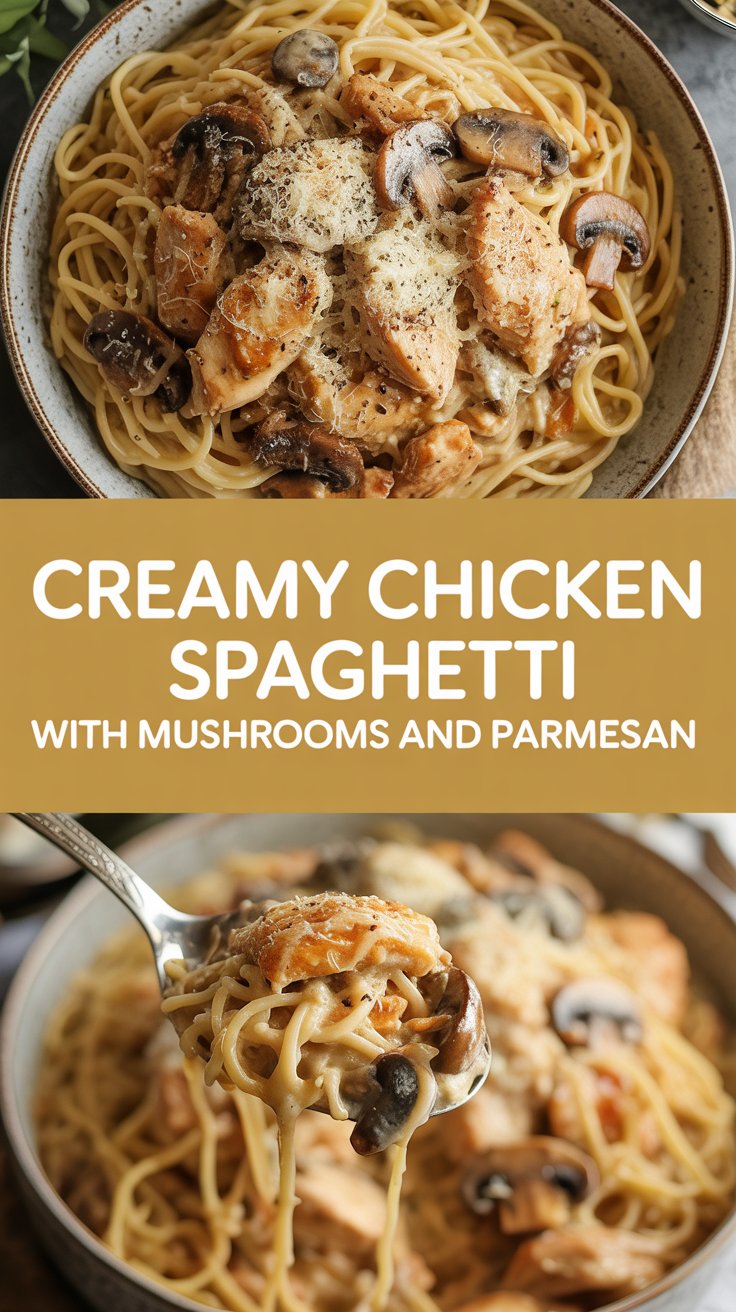 Creamy chicken spaghetti with mushrooms and Parmesan