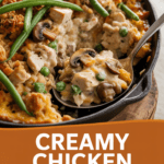 Creamy chicken stuffing casserole with mushrooms and green beans