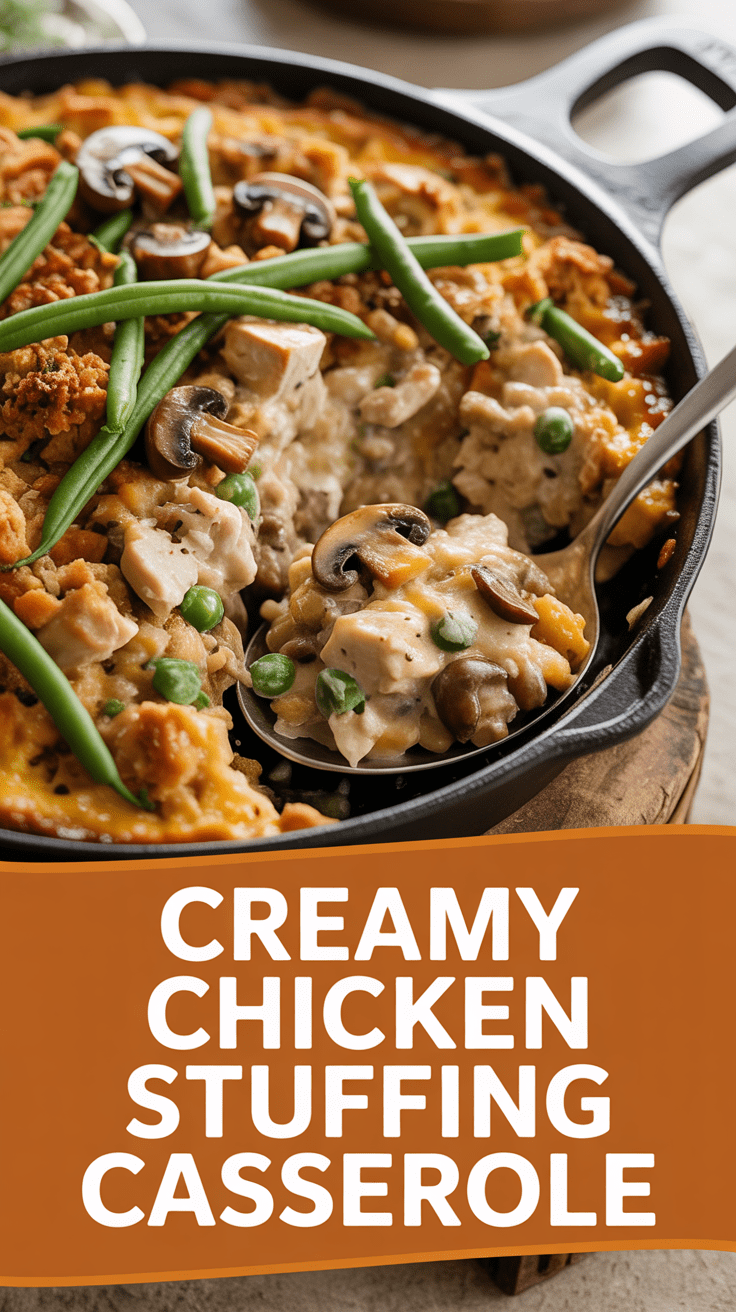 Creamy chicken stuffing casserole with mushrooms and green beans