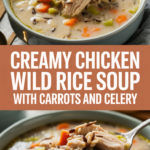 Creamy chicken wild rice soup with carrots and celery Creamy chicken wild rice soup with carrots and celery