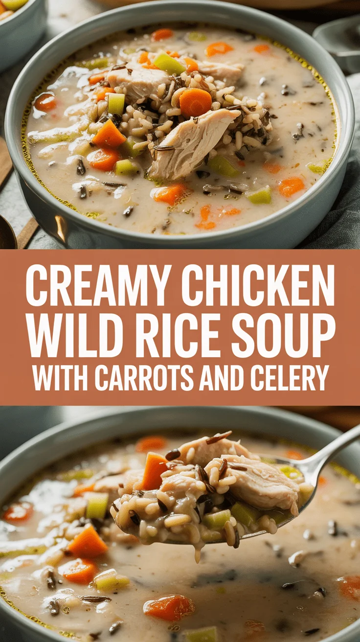 Creamy chicken wild rice soup with carrots and celery