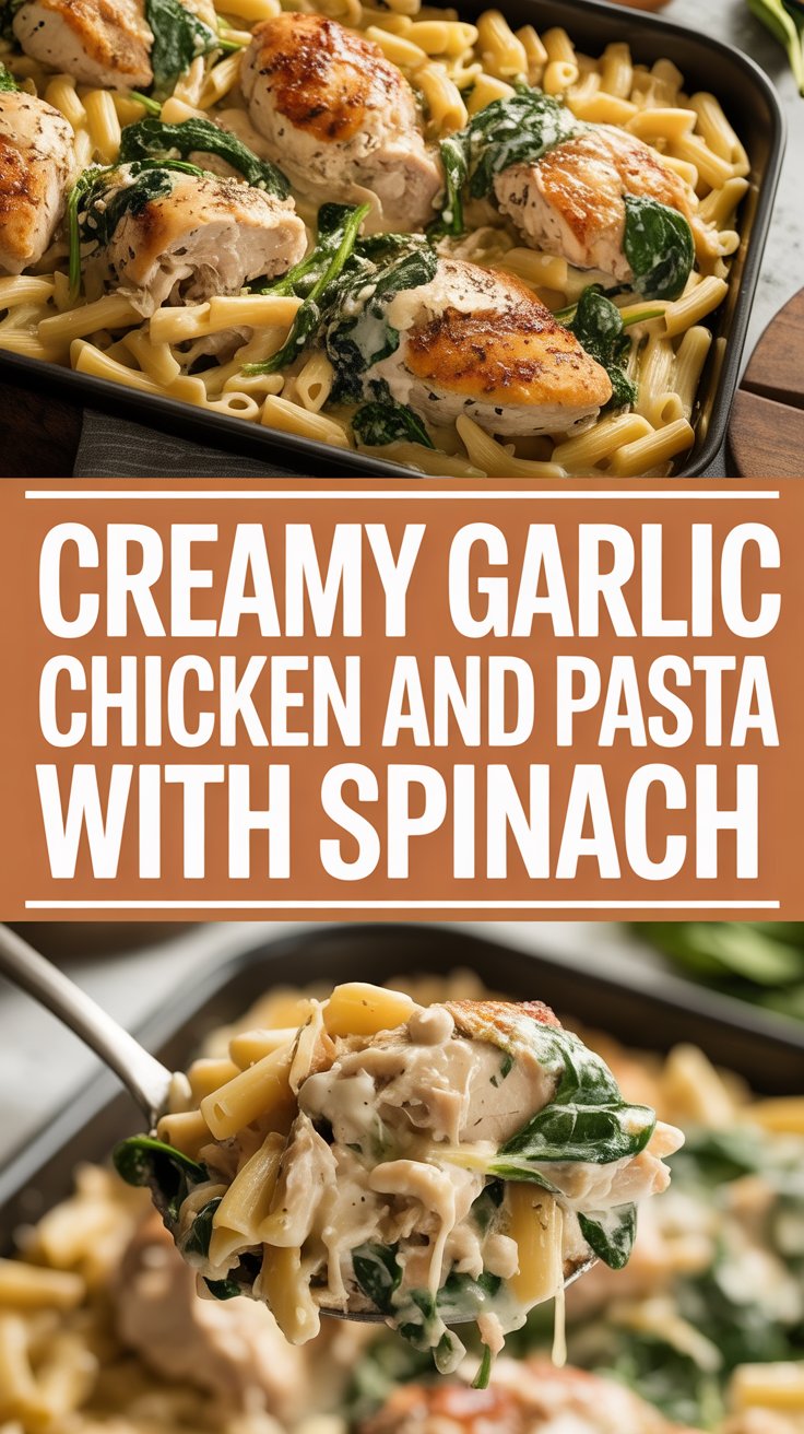 Creamy garlic chicken and pasta with spinach