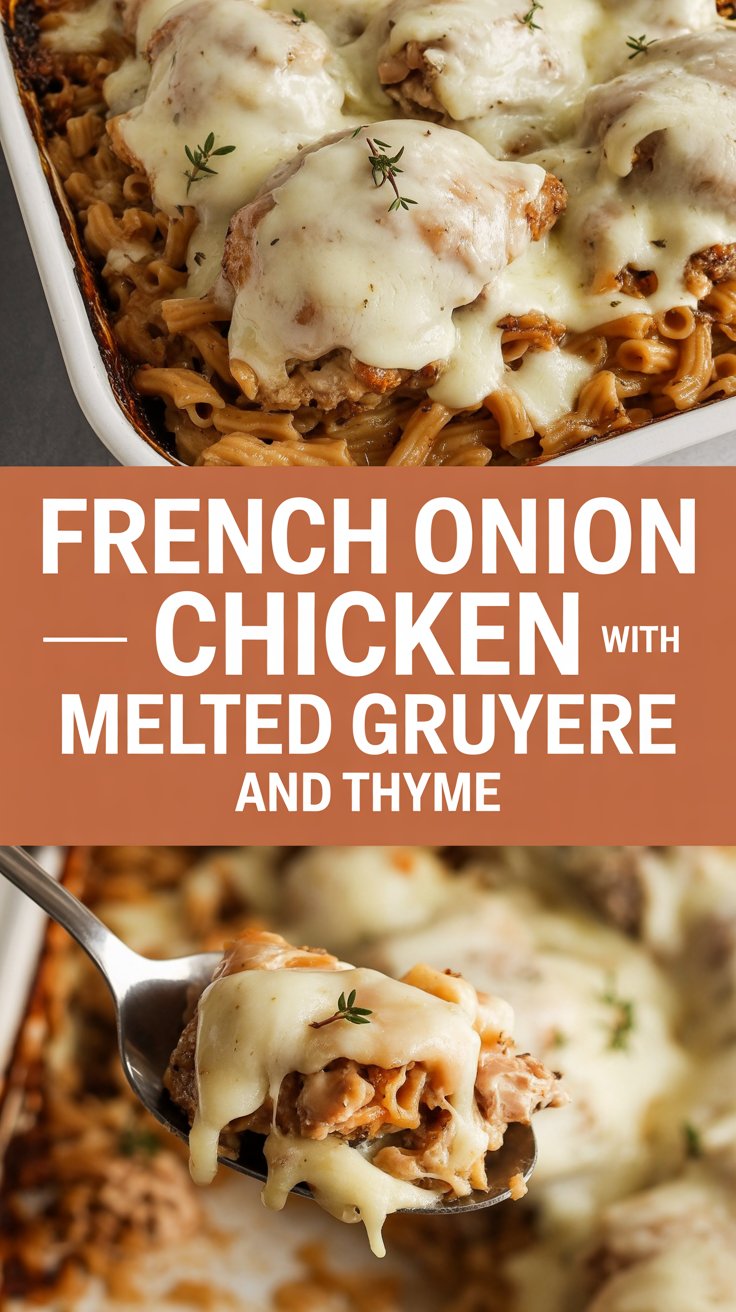 French onion chicken with melted gruyere and thyme