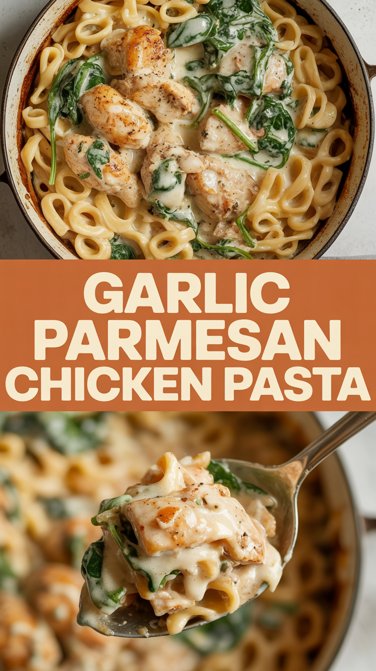 Garlic Parmesan Chicken Pasta with Creamy Sauce and Spinach