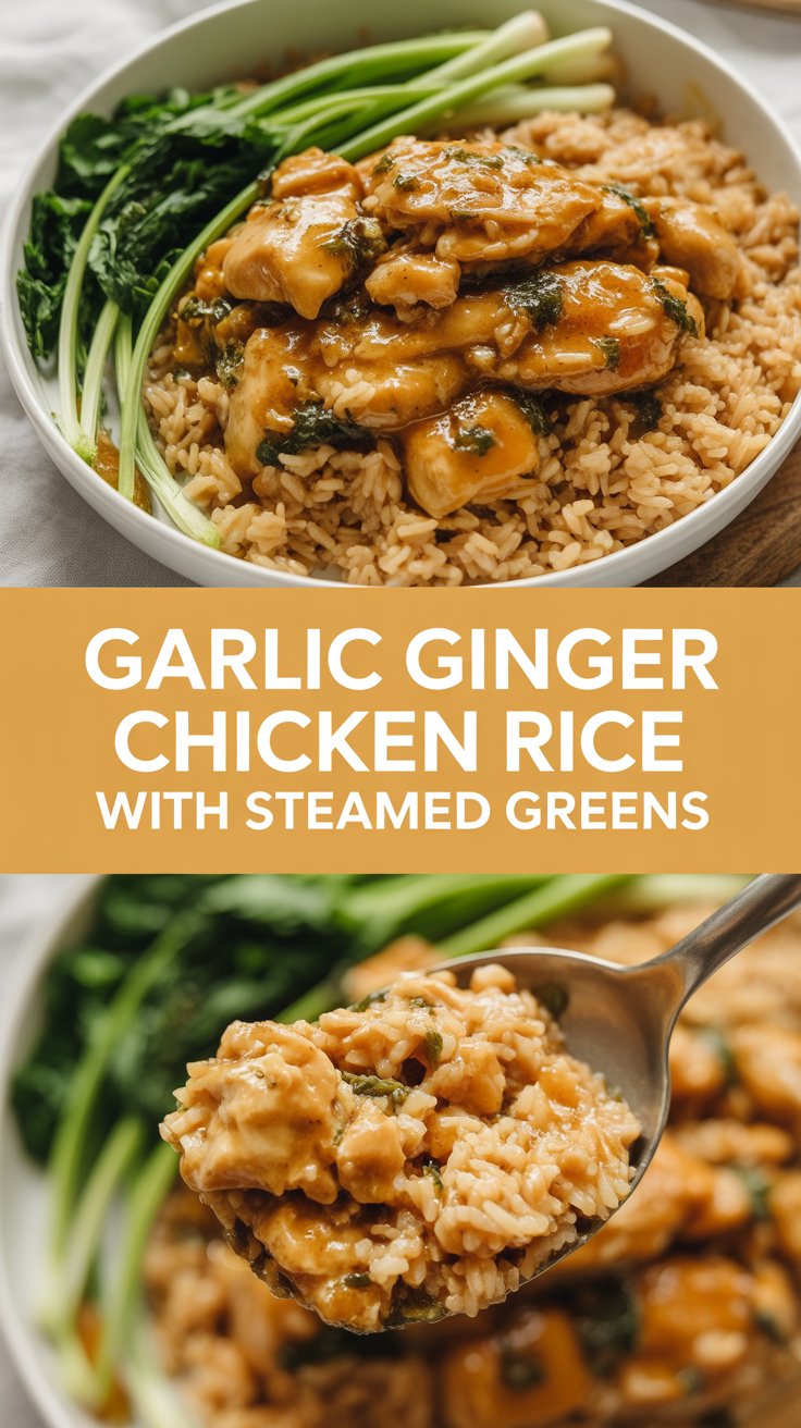 Garlic ginger chicken rice with steamed greens