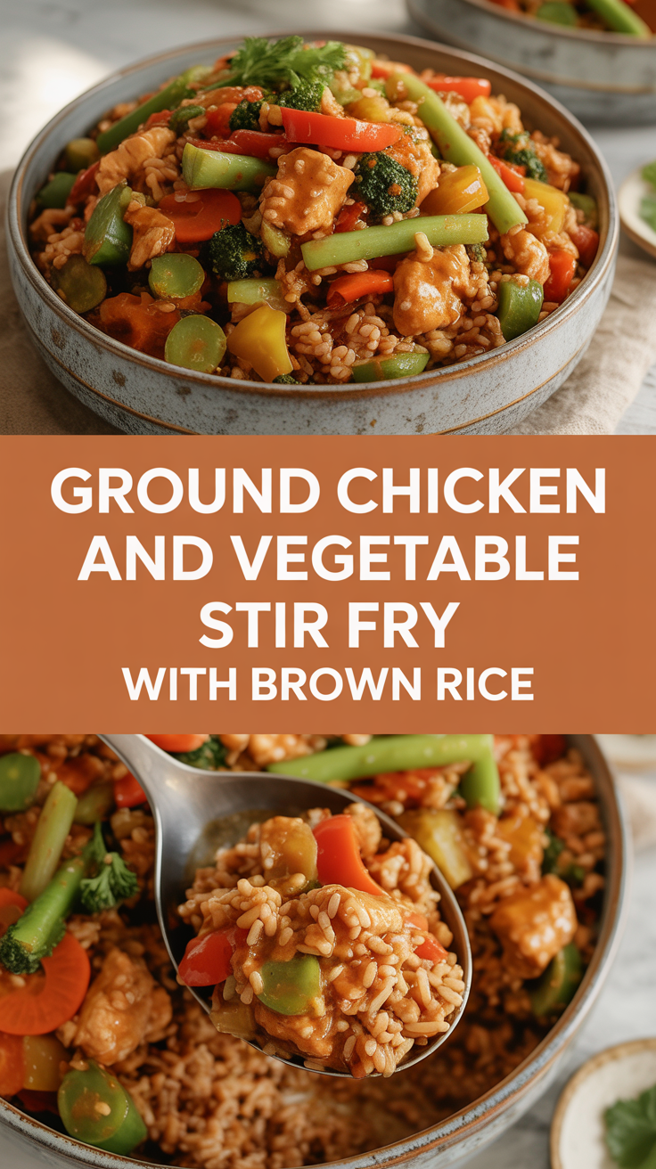 Ground chicken and vegetable stir fry with brown rice