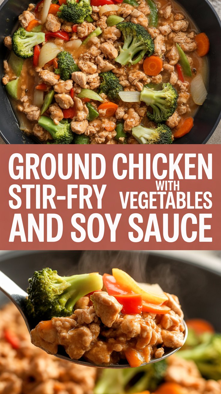 Ground chicken stir-fry with vegetables and soy sauce
