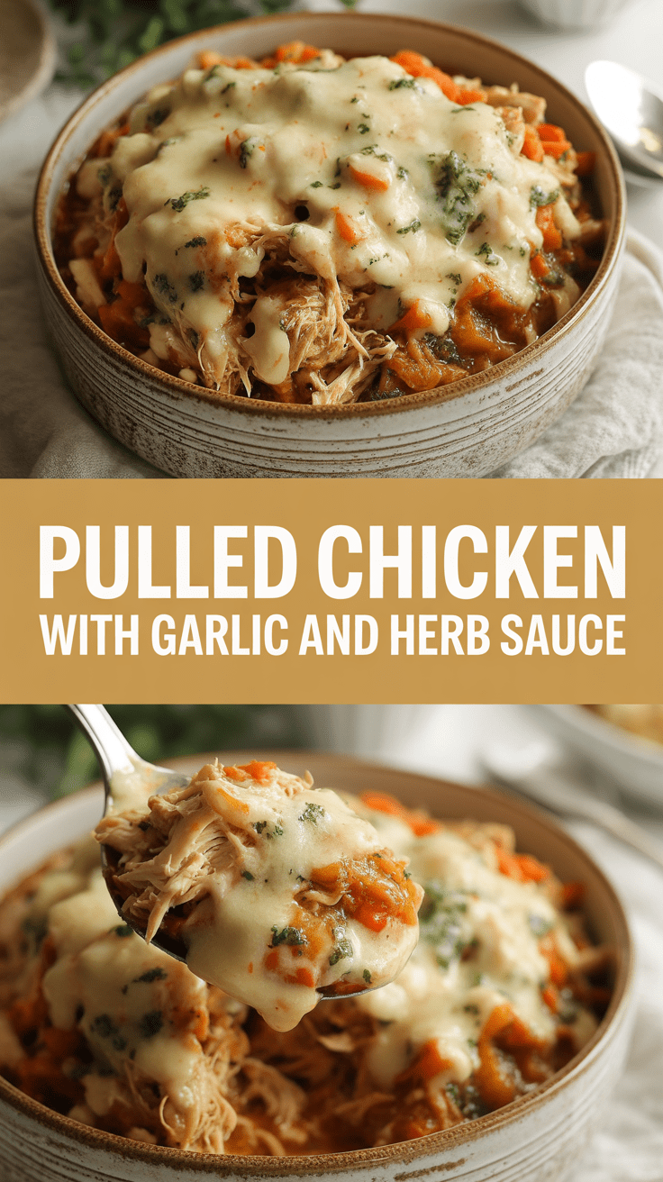 Pulled chicken with garlic and herb sauce