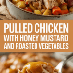 Pulled chicken with honey mustard and roasted vegetables