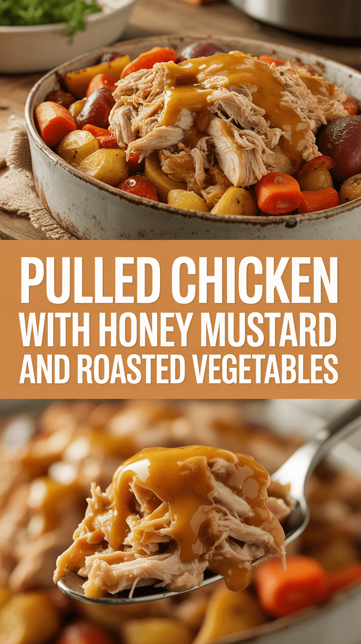 Pulled chicken with honey mustard and roasted vegetables