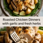 Roasted chicken dinners with garlic and fresh herbs