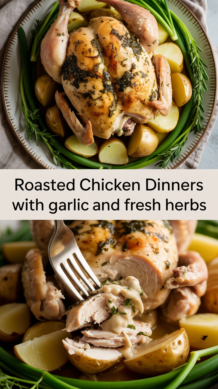 Roasted chicken dinners with garlic and fresh herbs
