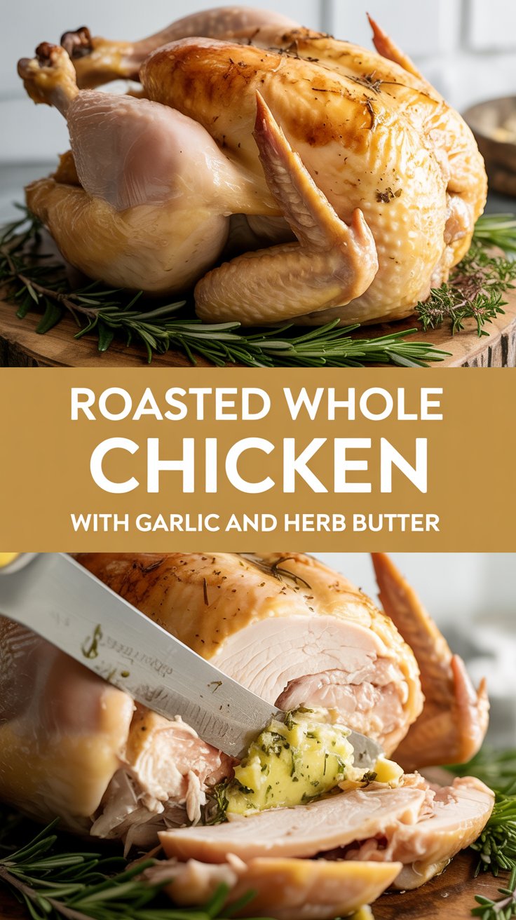 Roasted whole chicken with garlic and herb butter