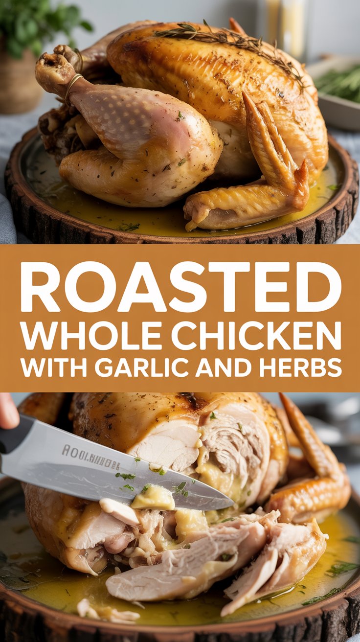 Roasted whole chicken with garlic and herbs