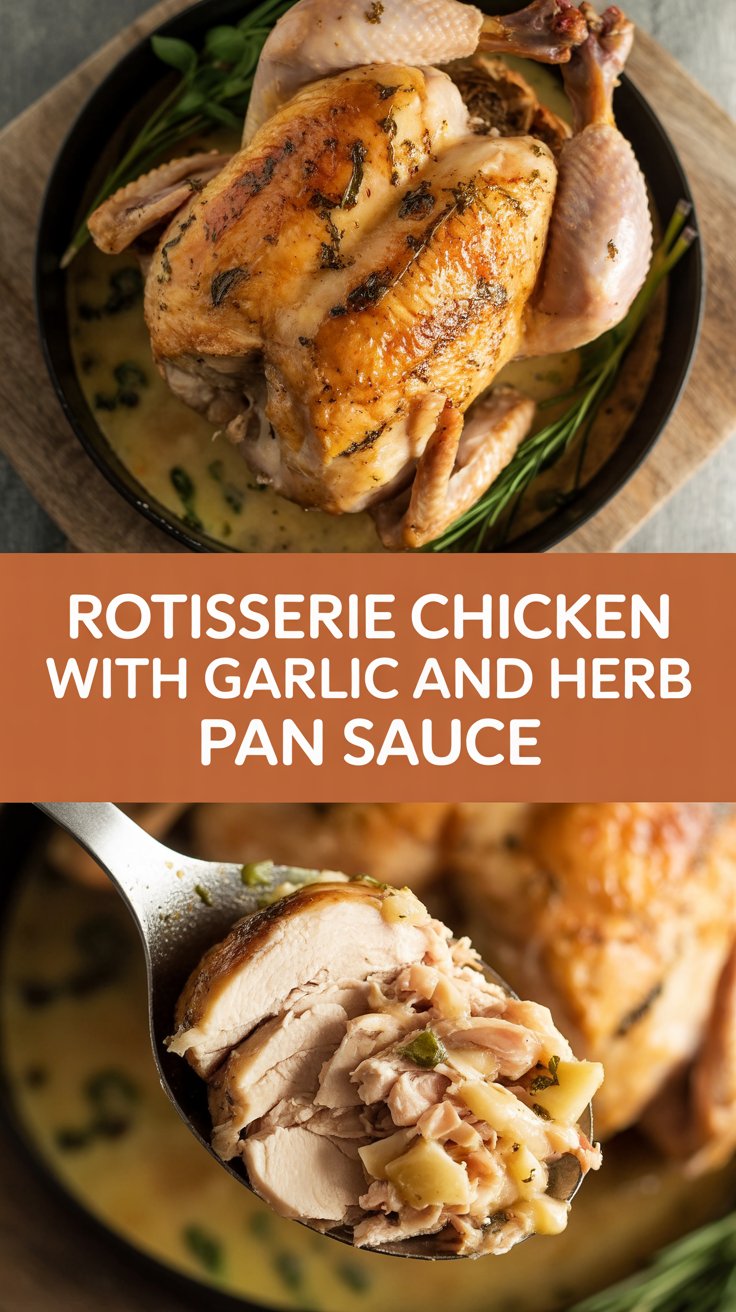 Rotisserie chicken with garlic and herb pan sauce