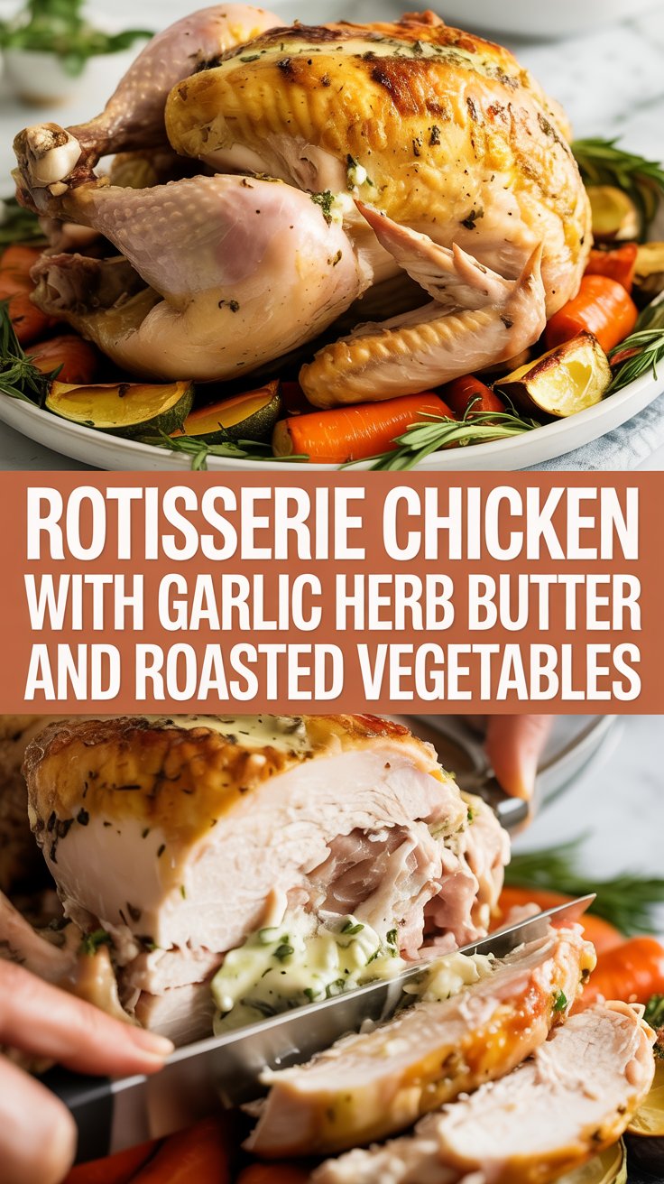Rotisserie chicken with garlic herb butter and roasted vegetables