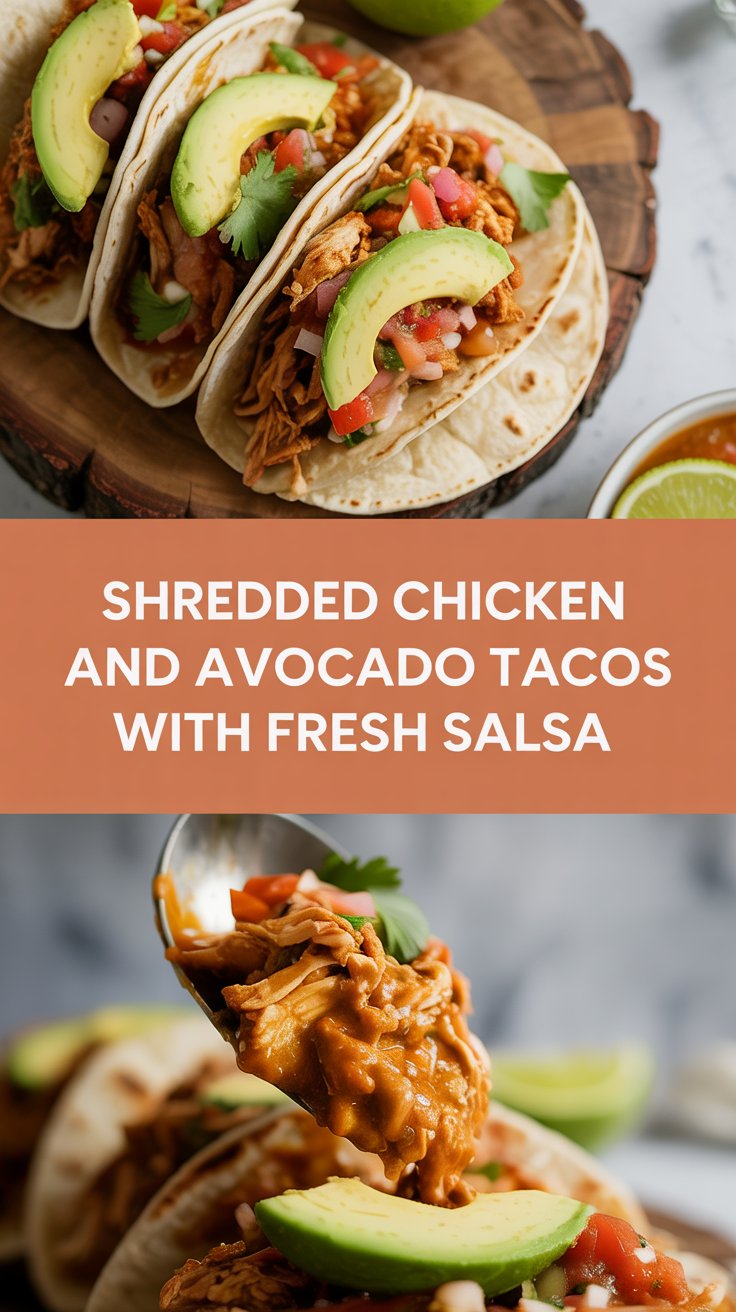 Shredded chicken and avocado tacos with fresh salsa
