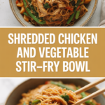 Shredded chicken and vegetable stir-fry bowl