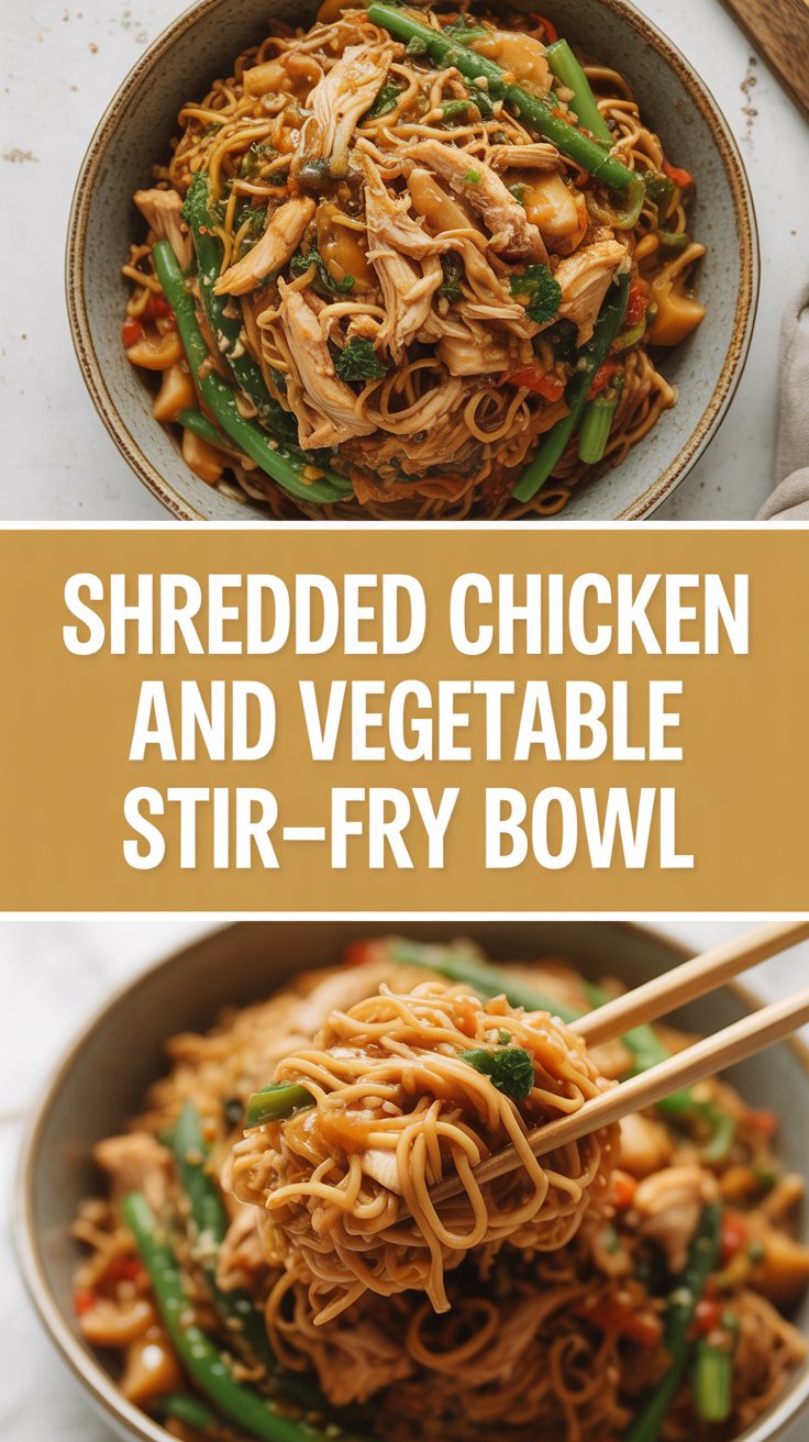 Shredded chicken and vegetable stir-fry bowl