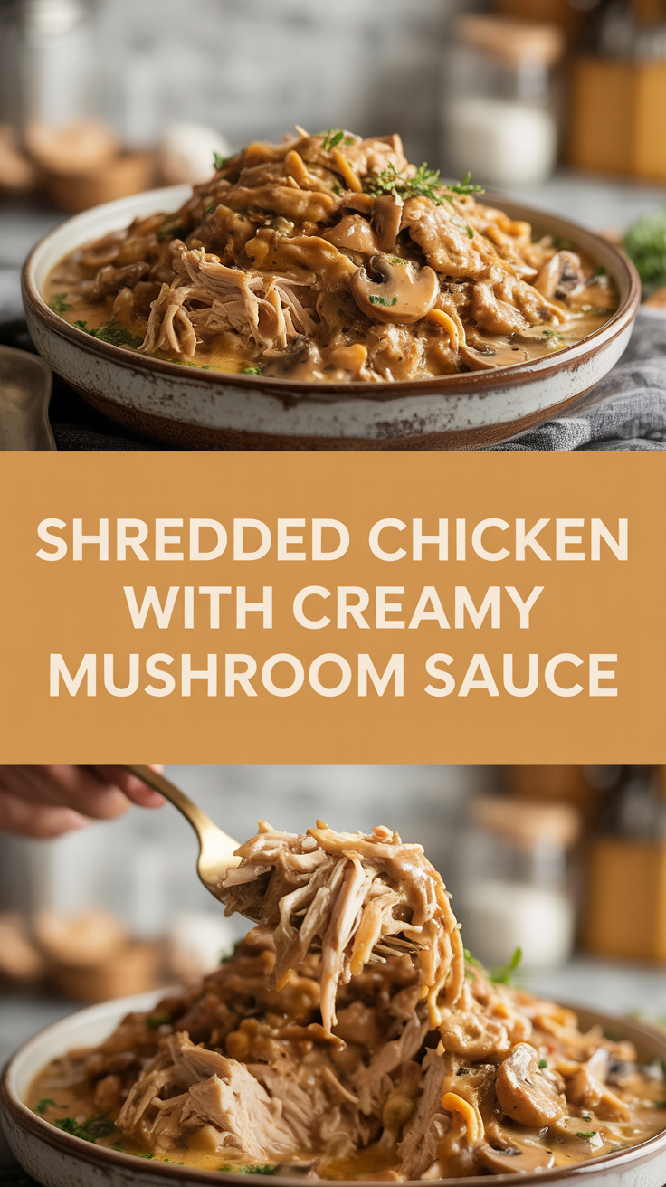 Shredded chicken with creamy mushroom sauce