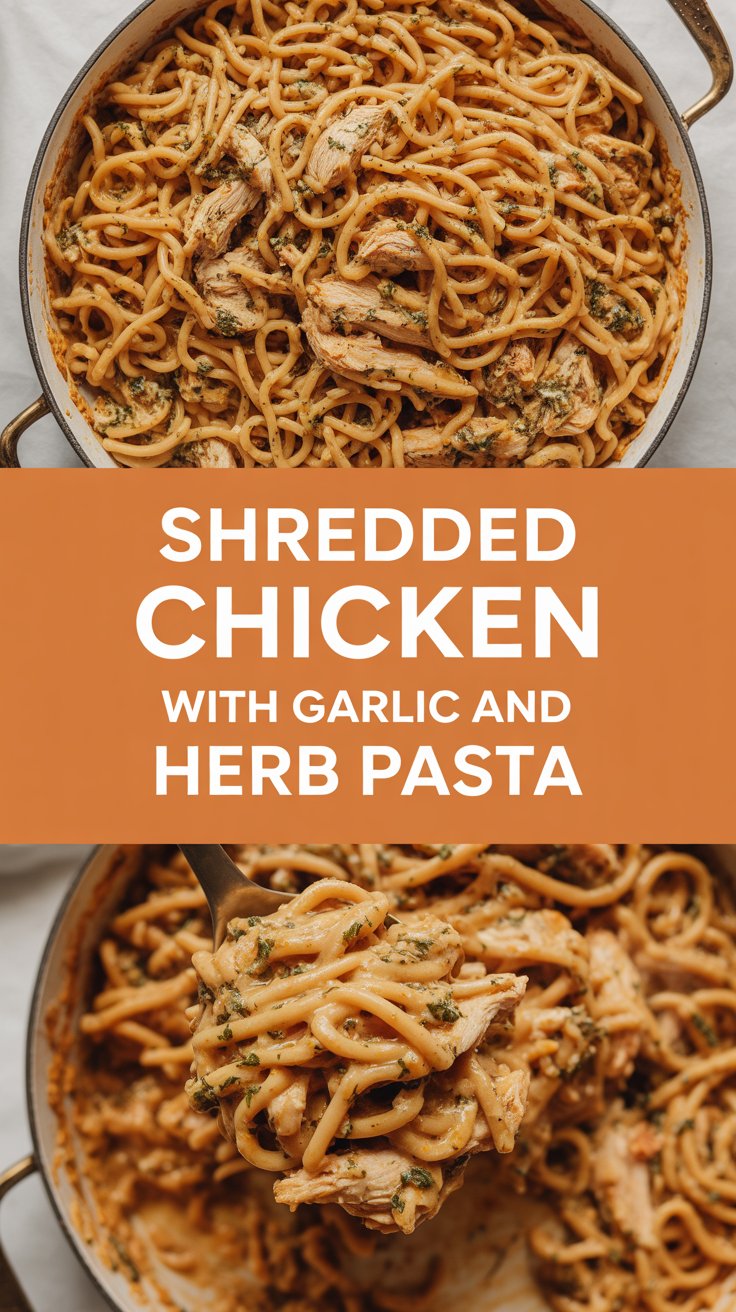 Shredded chicken with garlic and herb pasta