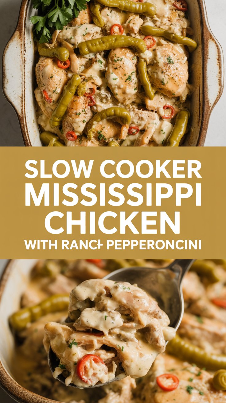 Slow Cooker Mississippi Chicken with Ranch and Pepperoncini