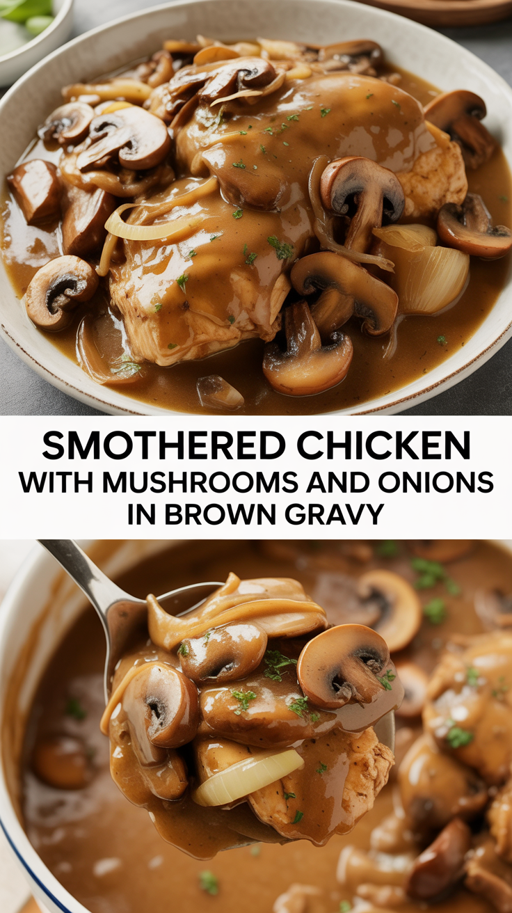 Smothered Chicken with Mushrooms and Onions in Brown Gravy