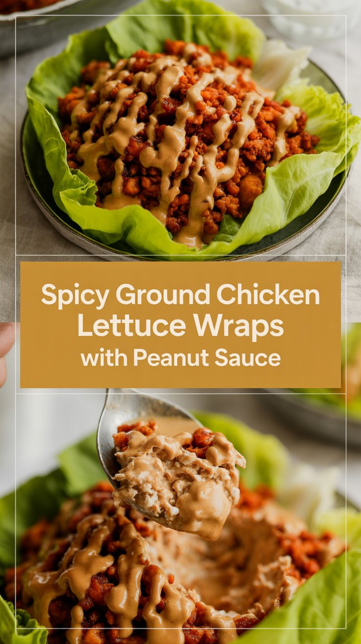 Spicy ground chicken lettuce wraps with peanut sauce
