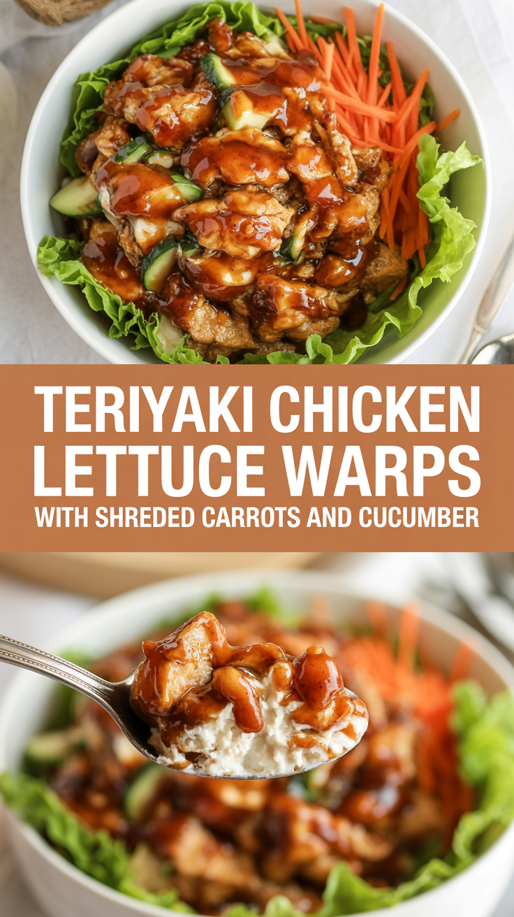 Teriyaki chicken lettuce wraps with shredded carrots and cucumber