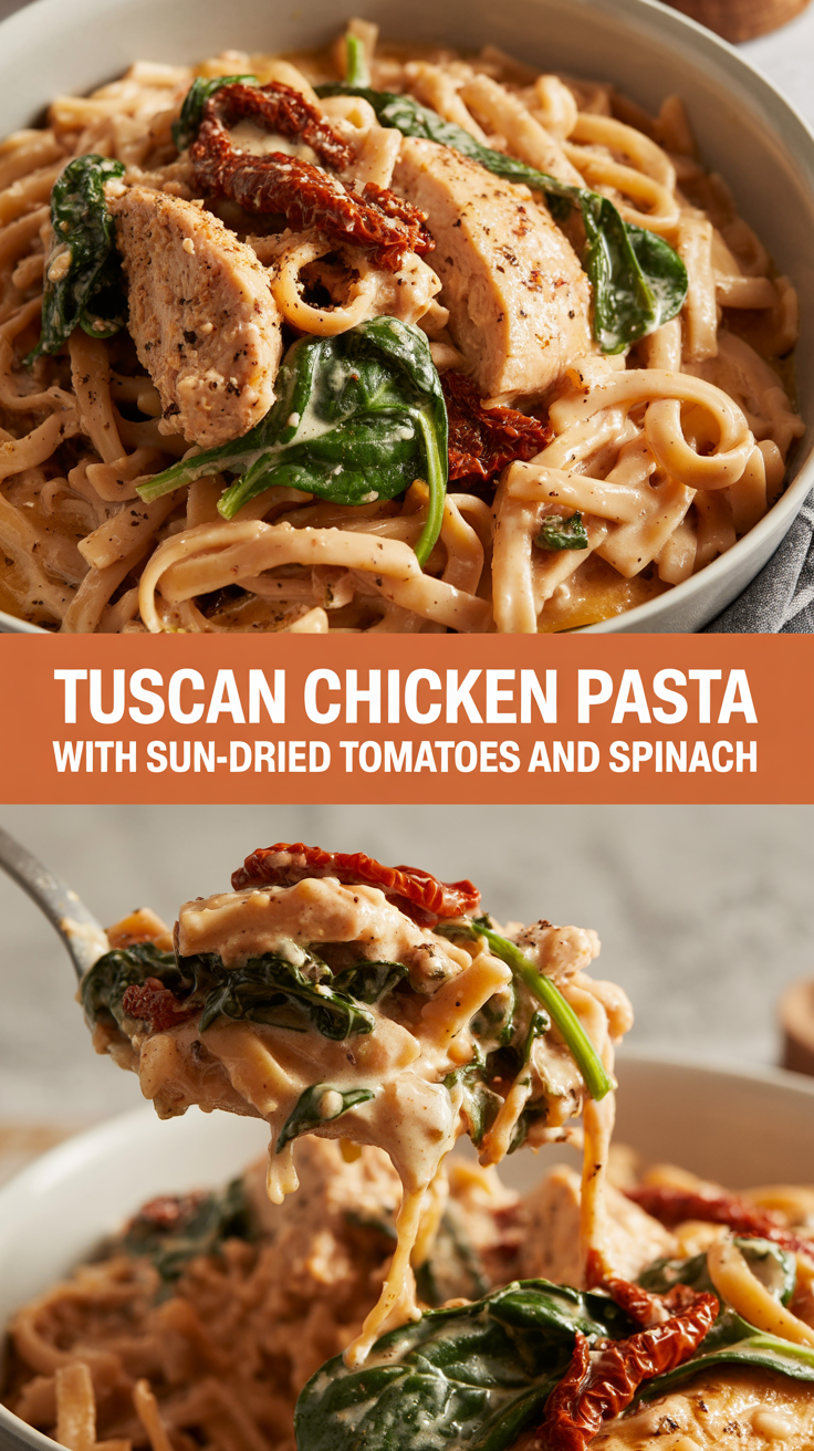 Tuscan chicken pasta with sun-dried tomatoes and spinach