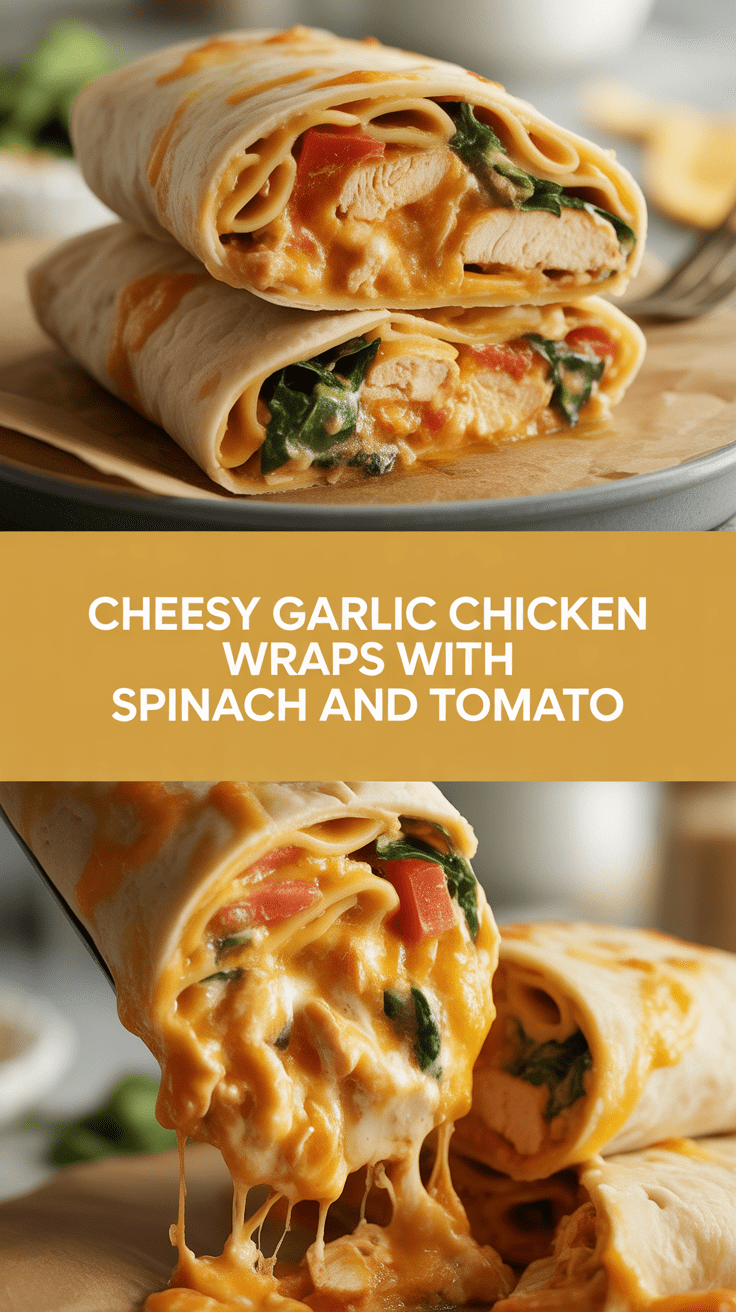 Cheesy garlic chicken wraps with spinach and tomato