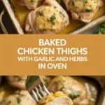 Baked chicken thighs with garlic and herbs in oven Baked chicken thighs with garlic and herbs in oven