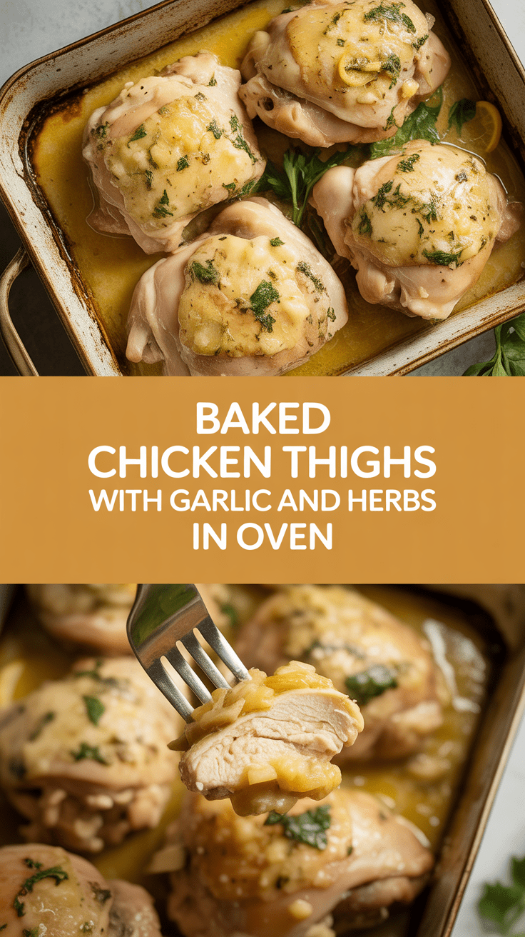 Baked chicken thighs with garlic and herbs in oven