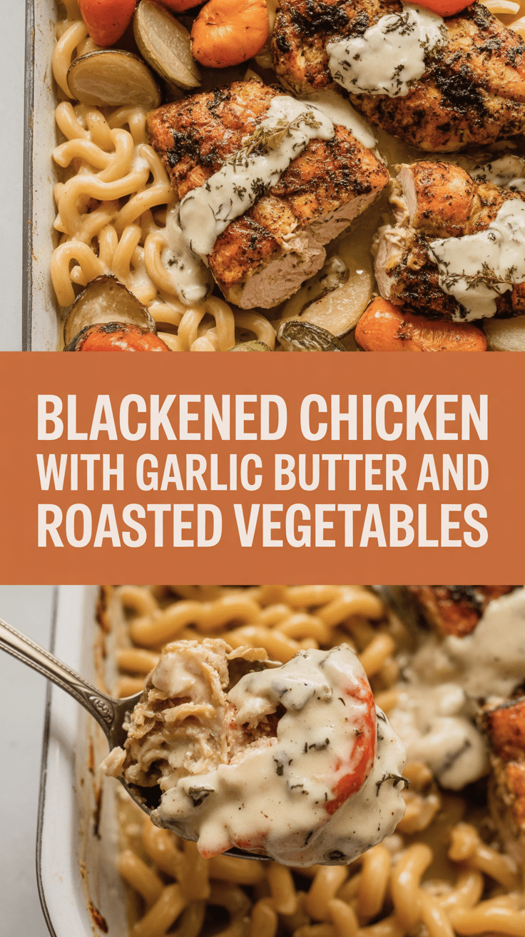 Blackened chicken with garlic butter and roasted vegetables