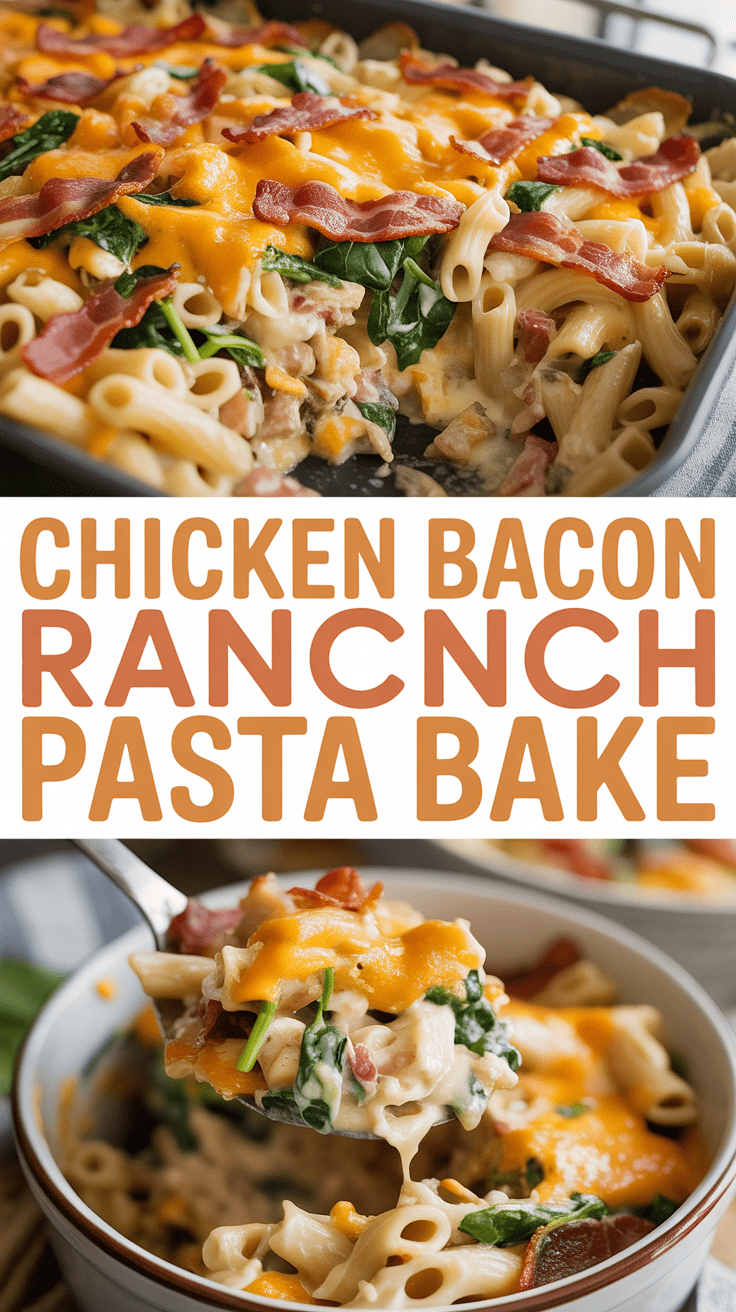 Chicken bacon ranch pasta bake with cheddar and spinach