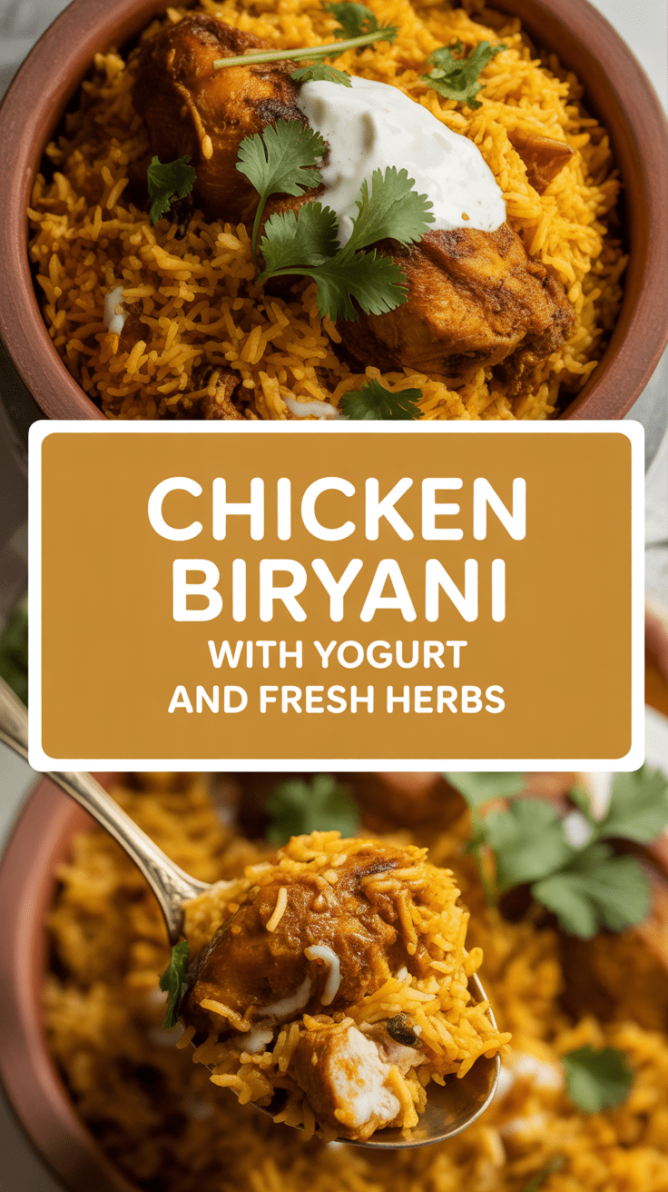 Chicken biryani with yogurt and fresh herbs