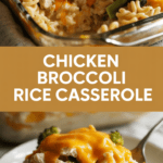 Chicken broccoli rice casserole with melted cheddar and cream sauce