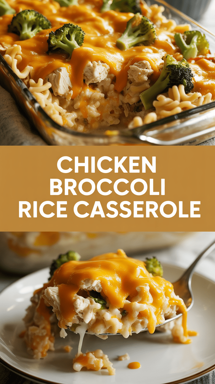 Chicken broccoli rice casserole with melted cheddar and cream sauce