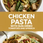 Chicken pesto pasta with sun-dried tomatoes and spinach