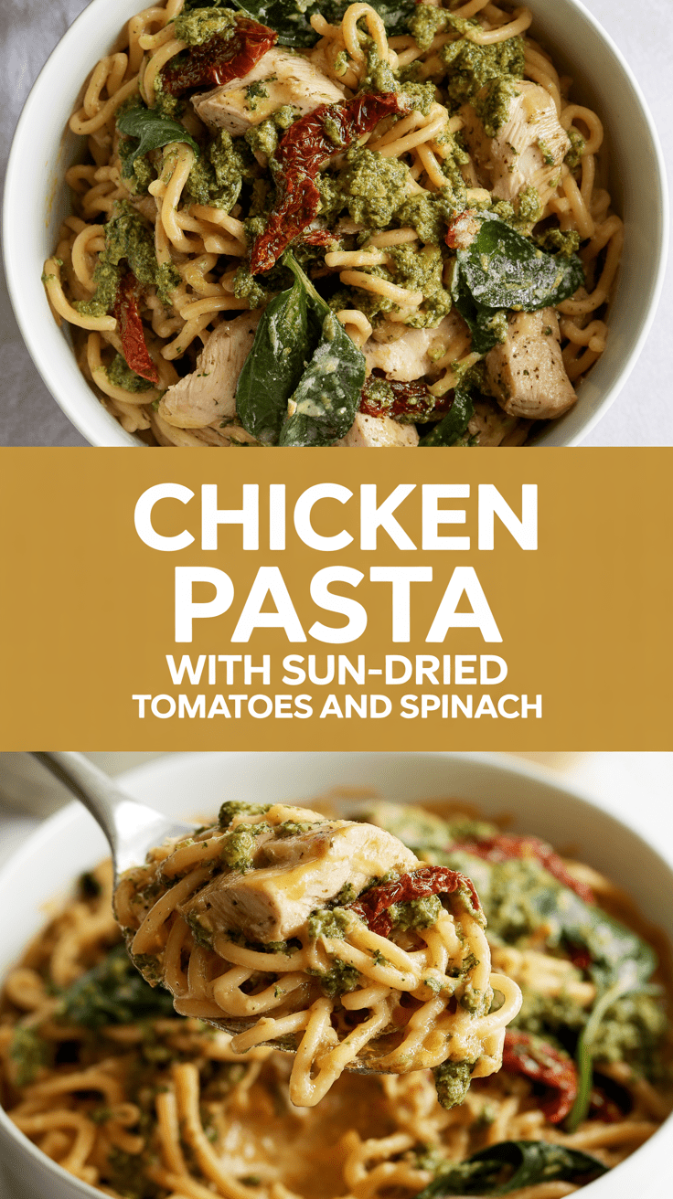 Chicken pesto pasta with sun-dried tomatoes and spinach