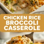 Chicken rice broccoli casserole with cheddar and cream sauce