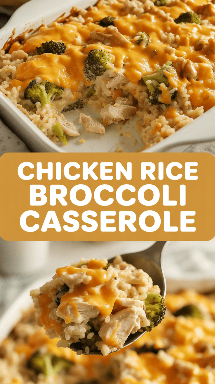 Chicken rice broccoli casserole with cheddar and cream sauce