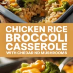 Chicken rice broccoli casserole with cheddar and mushrooms Chicken rice broccoli casserole with cheddar and mushrooms