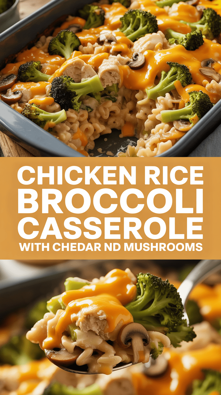 Chicken rice broccoli casserole with cheddar and mushrooms