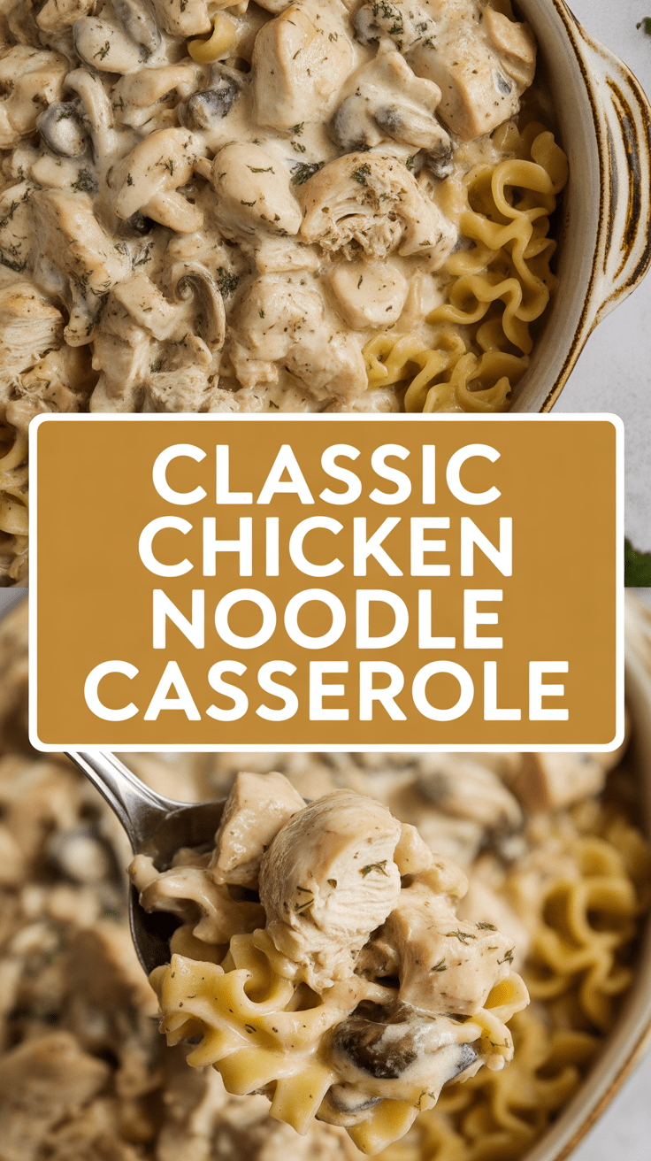 Classic chicken noodle casserole with creamy mushroom sauce