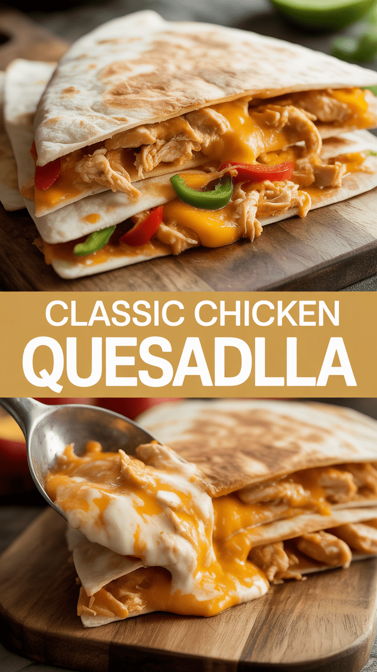 Classic chicken quesadilla with melted cheese and peppers